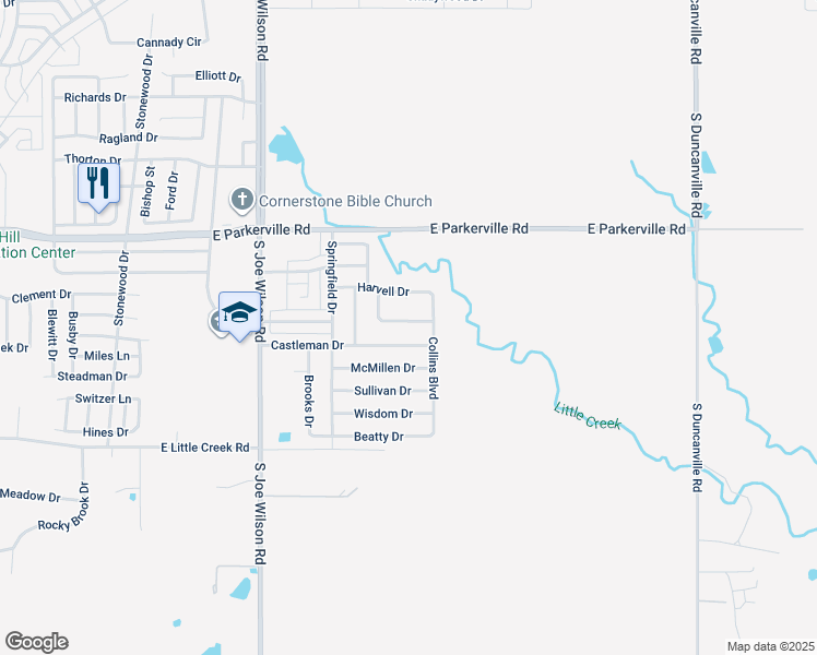 map of restaurants, bars, coffee shops, grocery stores, and more near 1225 Reeves Lane in Cedar Hill