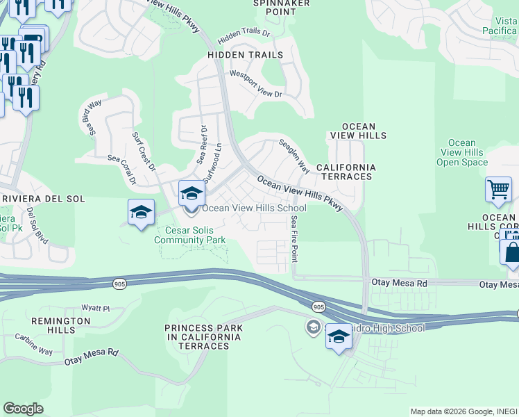 map of restaurants, bars, coffee shops, grocery stores, and more near 5200 Beachside Lane in San Diego