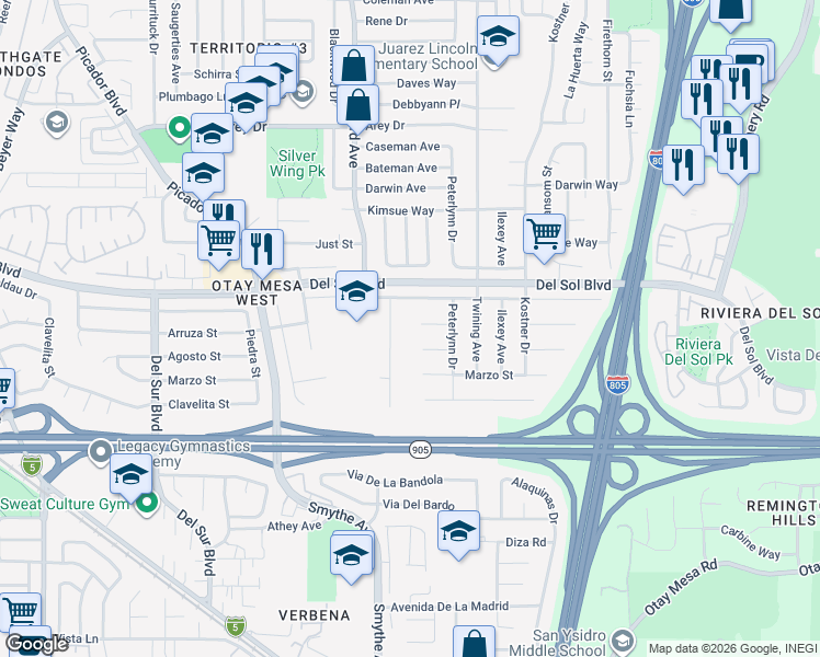 map of restaurants, bars, coffee shops, grocery stores, and more near 4022 Peterlynn Court in San Diego