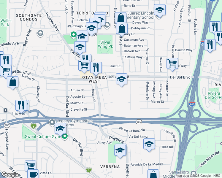 map of restaurants, bars, coffee shops, grocery stores, and more near 3885 Marcwade Court in San Diego