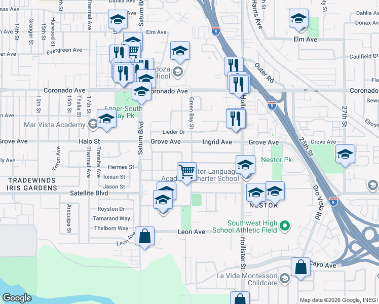 map of restaurants, bars, coffee shops, grocery stores, and more near 2087 Grove Avenue in San Diego