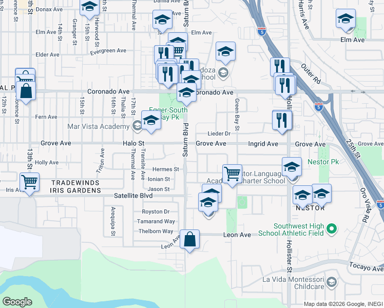 map of restaurants, bars, coffee shops, grocery stores, and more near 1975 Grove Avenue in San Diego