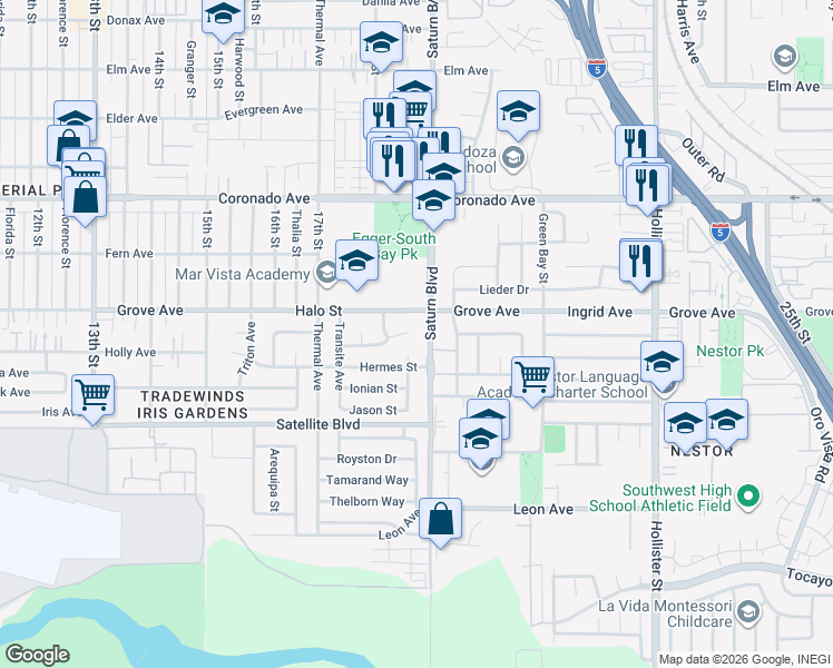 map of restaurants, bars, coffee shops, grocery stores, and more near 1316 Saturn Boulevard in San Diego