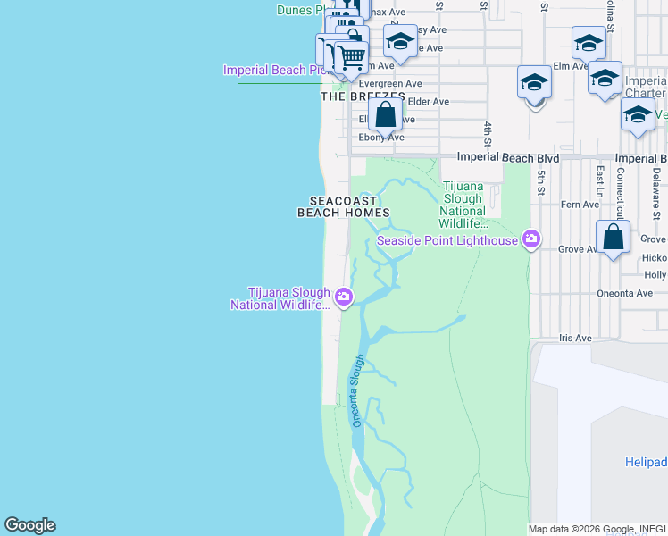 map of restaurants, bars, coffee shops, grocery stores, and more near 1344 Seacoast Drive in Imperial Beach