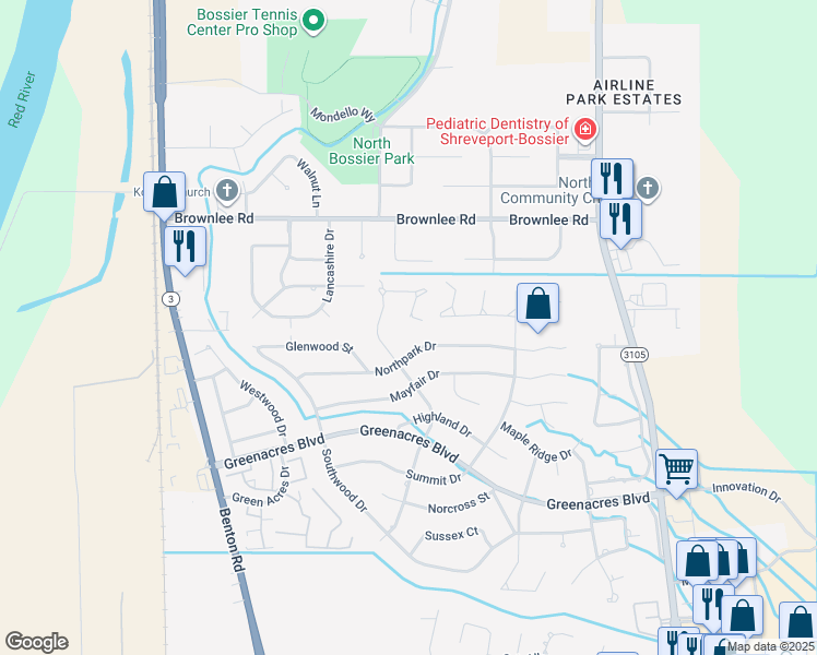 map of restaurants, bars, coffee shops, grocery stores, and more near 146 Woodvale Circle in Bossier City