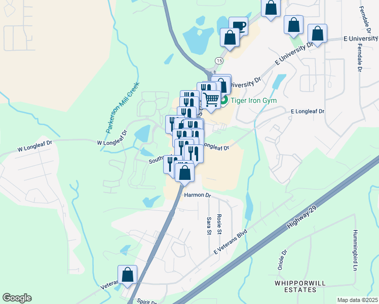 map of restaurants, bars, coffee shops, grocery stores, and more near 1910 South College Street in Auburn