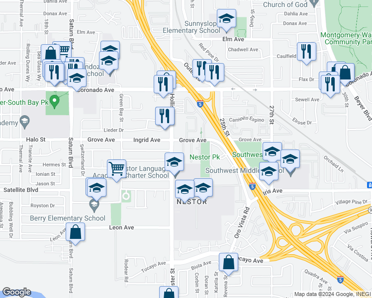 map of restaurants, bars, coffee shops, grocery stores, and more near 2371 Grove Avenue in San Diego