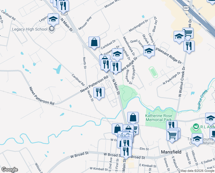 map of restaurants, bars, coffee shops, grocery stores, and more near 751 North Main Street in Mansfield