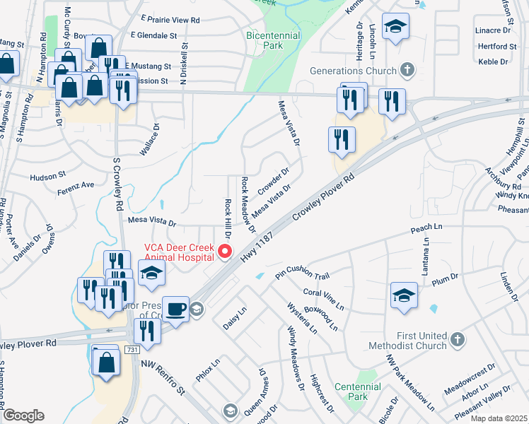 map of restaurants, bars, coffee shops, grocery stores, and more near 920 Mesa Vista Drive in Crowley