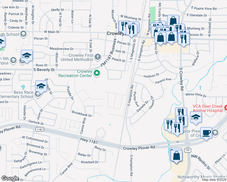 map of restaurants, bars, coffee shops, grocery stores, and more near 316 Willow Street in Crowley