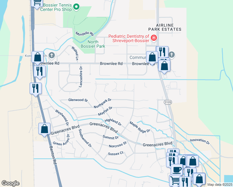 map of restaurants, bars, coffee shops, grocery stores, and more near 518 Wedgewood Drive in Bossier City