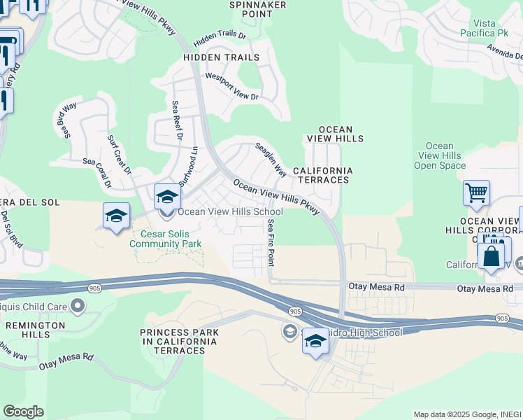 map of restaurants, bars, coffee shops, grocery stores, and more near 5502 Caminito Sandwaves in San Diego
