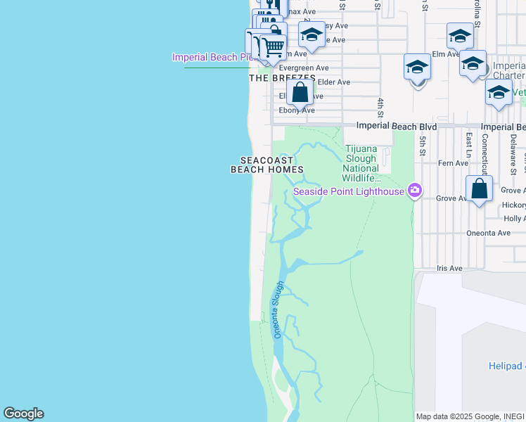 map of restaurants, bars, coffee shops, grocery stores, and more near 1344 Seacoast Drive in Imperial Beach