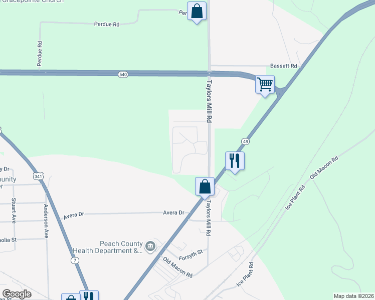 map of restaurants, bars, coffee shops, grocery stores, and more near 575 Taylors Mill Road in Fort Valley