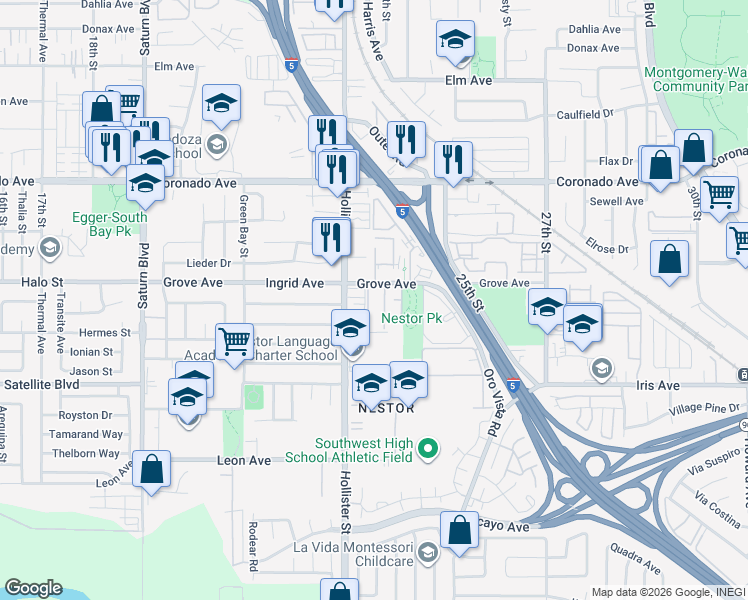 map of restaurants, bars, coffee shops, grocery stores, and more near 2361 Grove Avenue in San Diego