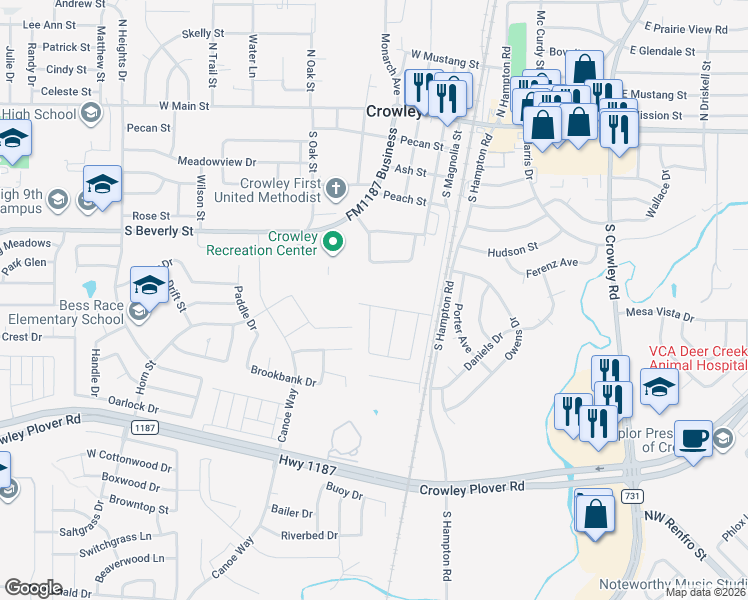 map of restaurants, bars, coffee shops, grocery stores, and more near 316 Willow Street in Crowley