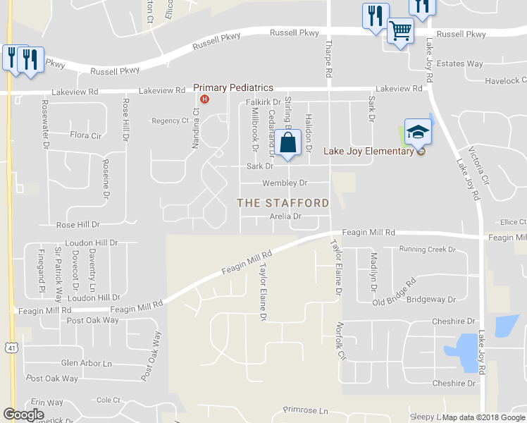 map of restaurants, bars, coffee shops, grocery stores, and more near 202 Arelia Drive in Warner Robins