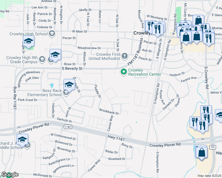 map of restaurants, bars, coffee shops, grocery stores, and more near 517 Horn Street in Crowley