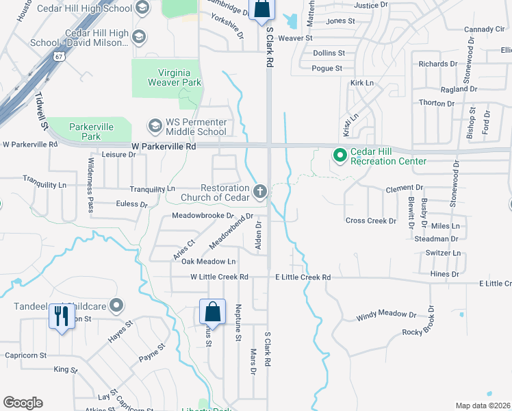 map of restaurants, bars, coffee shops, grocery stores, and more near 800 South Clark Road in Cedar Hill