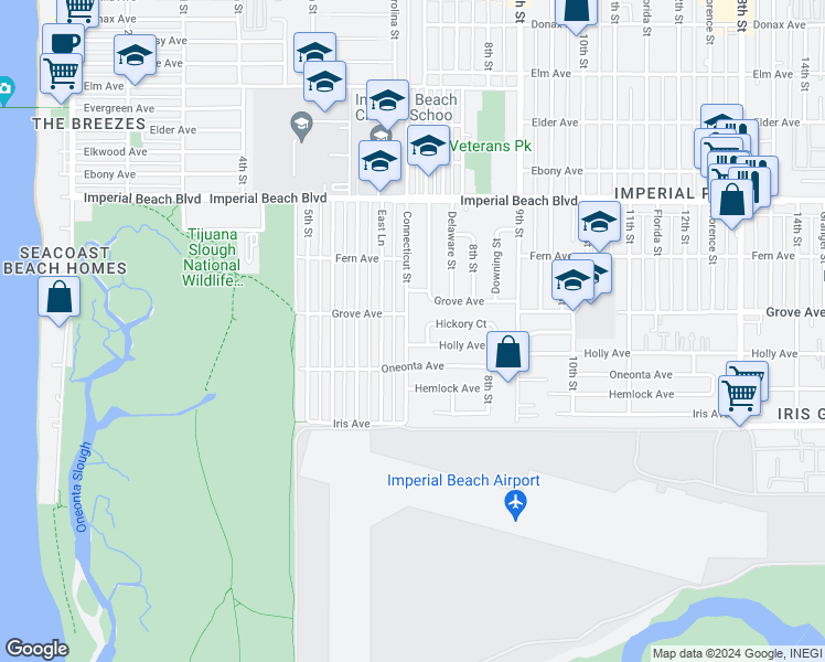 map of restaurants, bars, coffee shops, grocery stores, and more near 1331 Connecticut Street in Imperial Beach