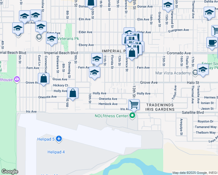 map of restaurants, bars, coffee shops, grocery stores, and more near 1129 Grove Avenue in Imperial Beach