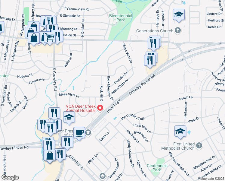 map of restaurants, bars, coffee shops, grocery stores, and more near 909 Mesa Vista Drive in Crowley