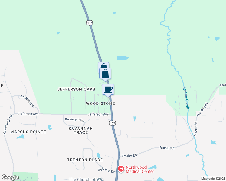 map of restaurants, bars, coffee shops, grocery stores, and more near 5605 U.S. 167 in Ruston