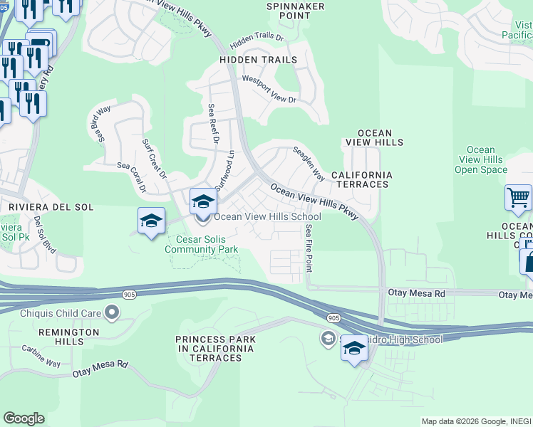 map of restaurants, bars, coffee shops, grocery stores, and more near 1375 Calle Sandbar in San Diego