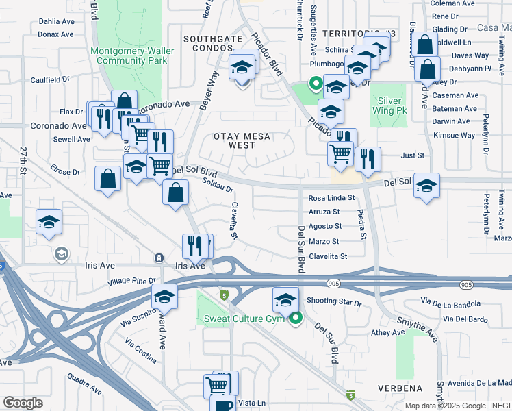 map of restaurants, bars, coffee shops, grocery stores, and more near 3406 Arruza Street in San Diego