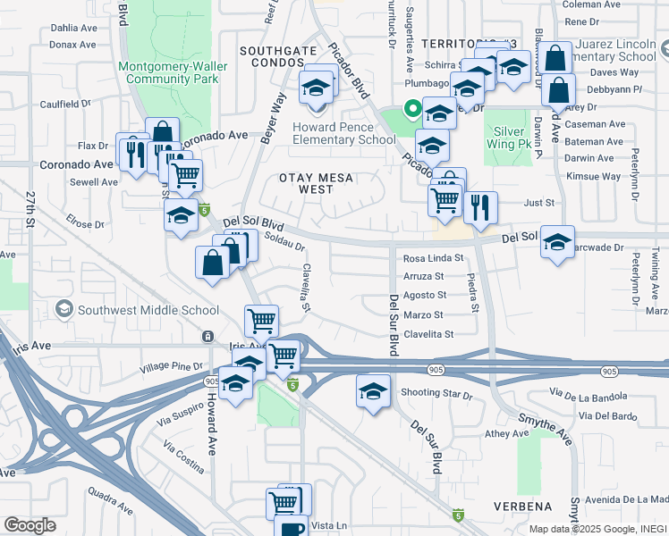 map of restaurants, bars, coffee shops, grocery stores, and more near 3406 Arruza Street in San Diego