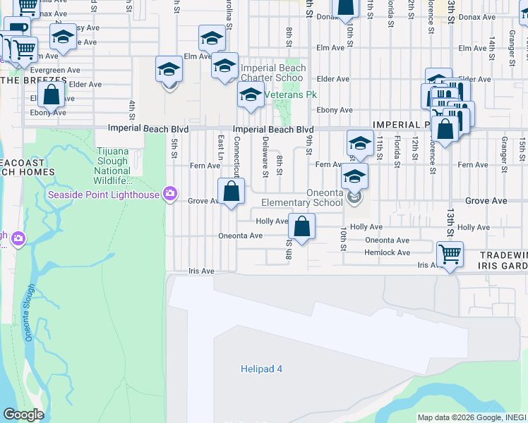 map of restaurants, bars, coffee shops, grocery stores, and more near 740 Hickory Court in Imperial Beach