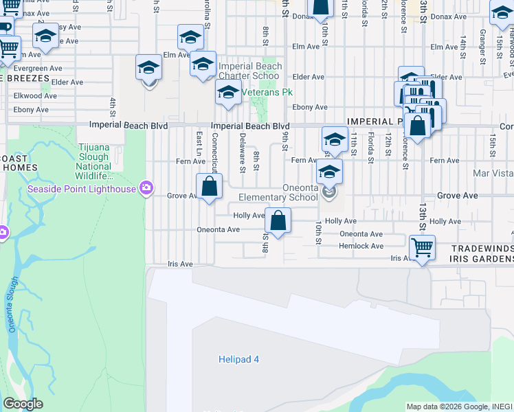 map of restaurants, bars, coffee shops, grocery stores, and more near 825 Hickory Court in Imperial Beach