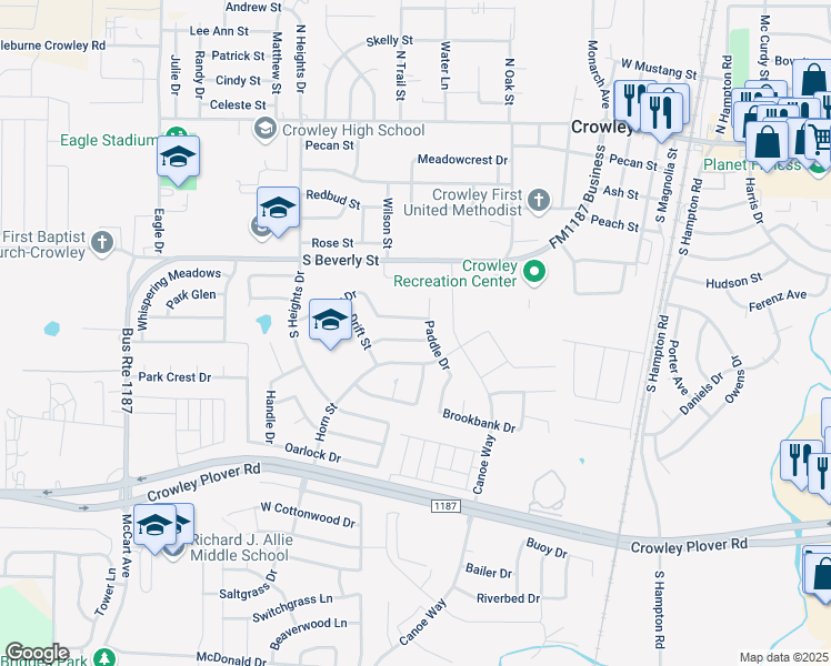 map of restaurants, bars, coffee shops, grocery stores, and more near 509 Anchor Way in Crowley