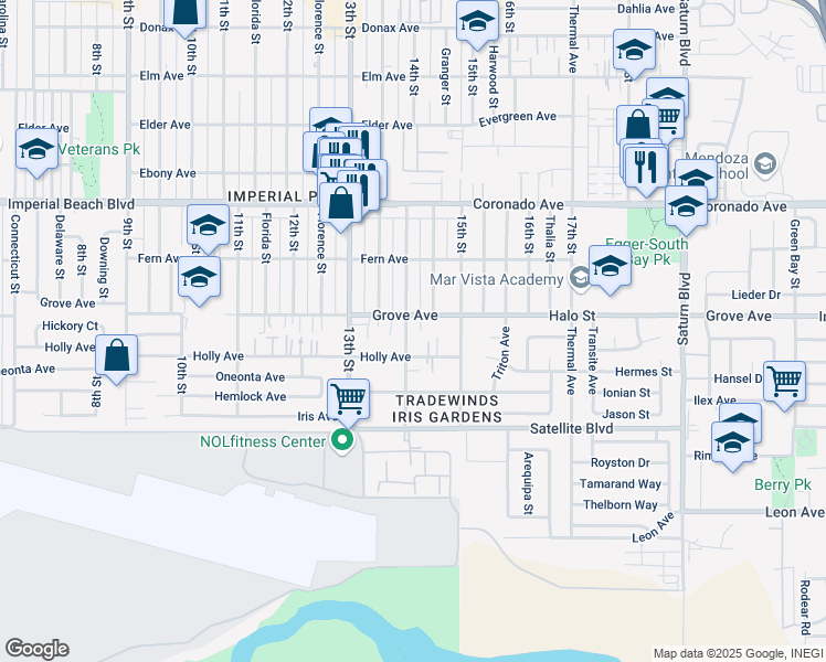 map of restaurants, bars, coffee shops, grocery stores, and more near 1312 14th Street in Imperial Beach