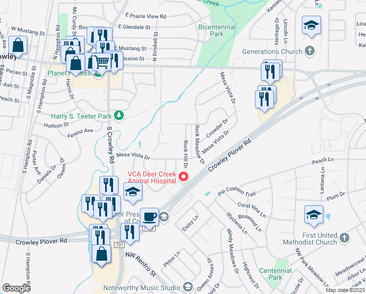 map of restaurants, bars, coffee shops, grocery stores, and more near 317 Rock Hill Drive in Crowley