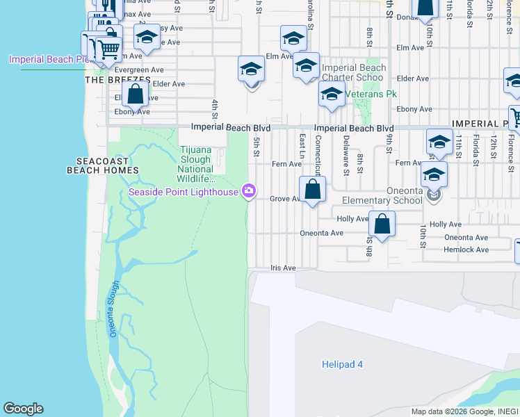 map of restaurants, bars, coffee shops, grocery stores, and more near 1325 5th Street in Imperial Beach