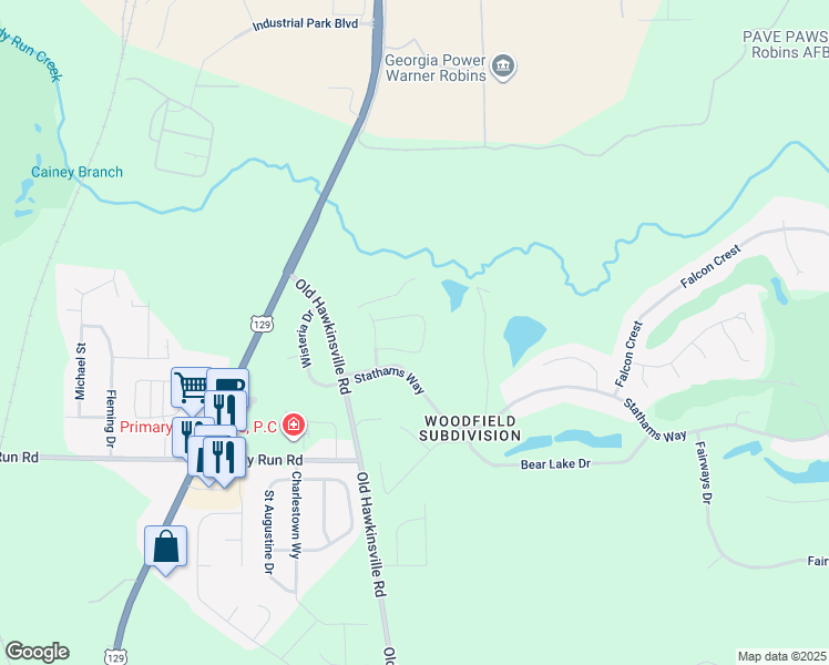 map of restaurants, bars, coffee shops, grocery stores, and more near 113 Shadowood Drive in Warner Robins
