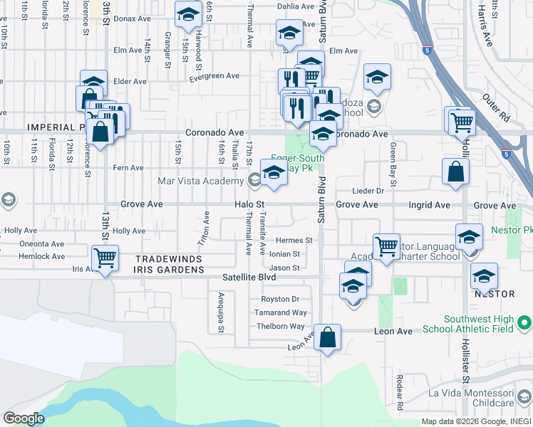 map of restaurants, bars, coffee shops, grocery stores, and more near 1309 Transite Avenue in San Diego