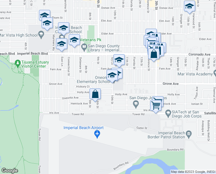 map of restaurants, bars, coffee shops, grocery stores, and more near 950 Beverly Avenue in Imperial Beach