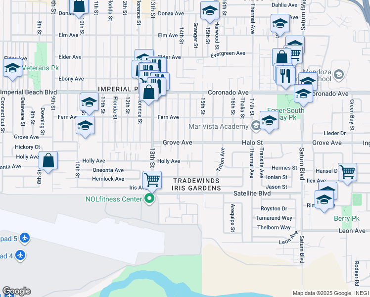 map of restaurants, bars, coffee shops, grocery stores, and more near 1425 Grove Avenue in Imperial Beach