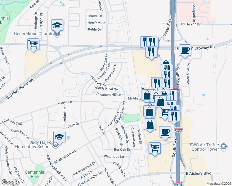 map of restaurants, bars, coffee shops, grocery stores, and more near 424 Pheasant Hill Lane in Cross Timber