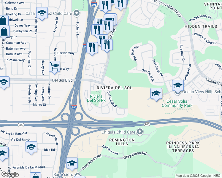 map of restaurants, bars, coffee shops, grocery stores, and more near 4589 Casa Nova Court in San Diego
