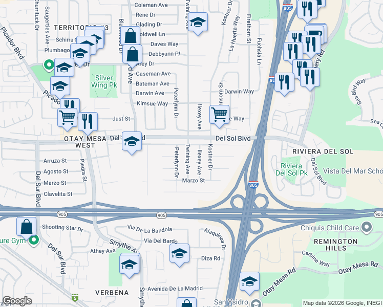 map of restaurants, bars, coffee shops, grocery stores, and more near 1341 Twining Avenue in San Diego