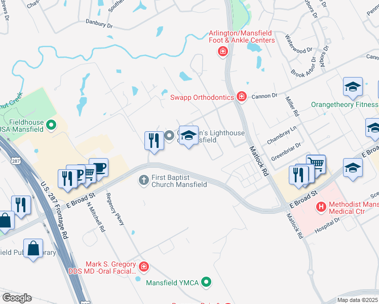 map of restaurants, bars, coffee shops, grocery stores, and more near 1860 Cannon Drive in Mansfield