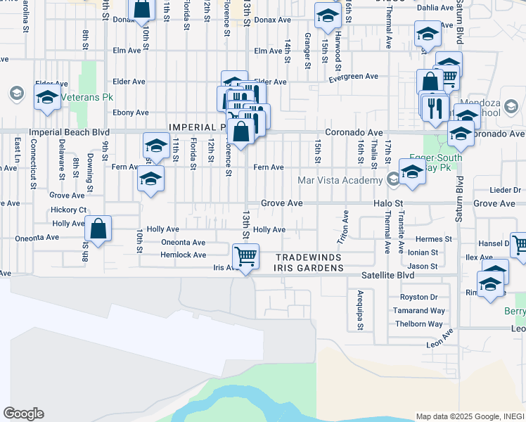 map of restaurants, bars, coffee shops, grocery stores, and more near 1343 Grove Avenue in Imperial Beach