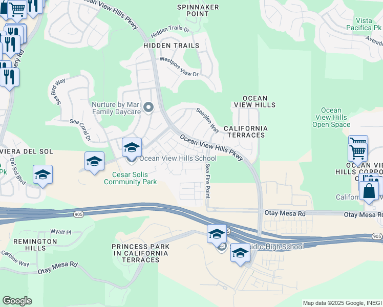 map of restaurants, bars, coffee shops, grocery stores, and more near 5502 Caminito Sandwaves in San Diego