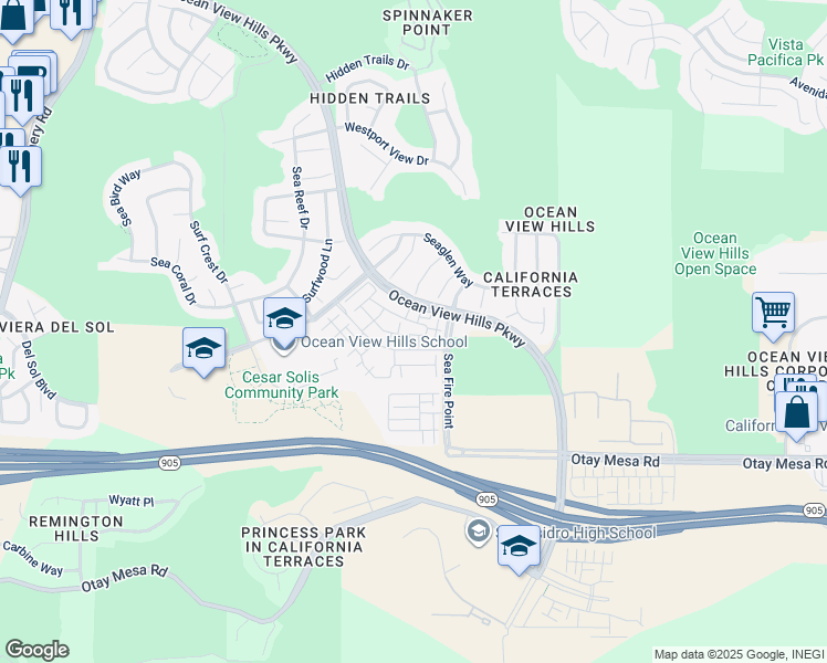 map of restaurants, bars, coffee shops, grocery stores, and more near 5405 Beach Bluff Lane in San Diego