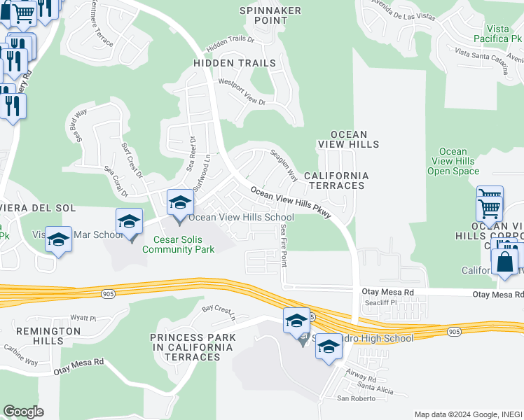 map of restaurants, bars, coffee shops, grocery stores, and more near 5405 Beach Bluff Lane in San Diego