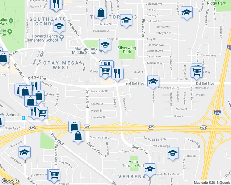 map of restaurants, bars, coffee shops, grocery stores, and more near 1325 Piedra Street in San Diego