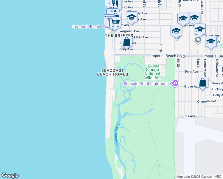 map of restaurants, bars, coffee shops, grocery stores, and more near 1344 Seacoast Drive in Imperial Beach